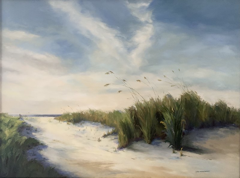 painting-of-beach-covered-with-sand-and-green-plants-by-Lana-Ford-Winneberger